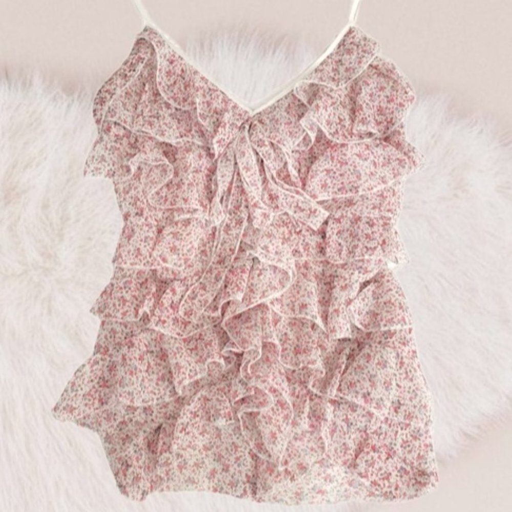 SOLD- COSTA BLANCA- Tiered Sheer Top with Bow V Neck- Adjustable Strap- XS